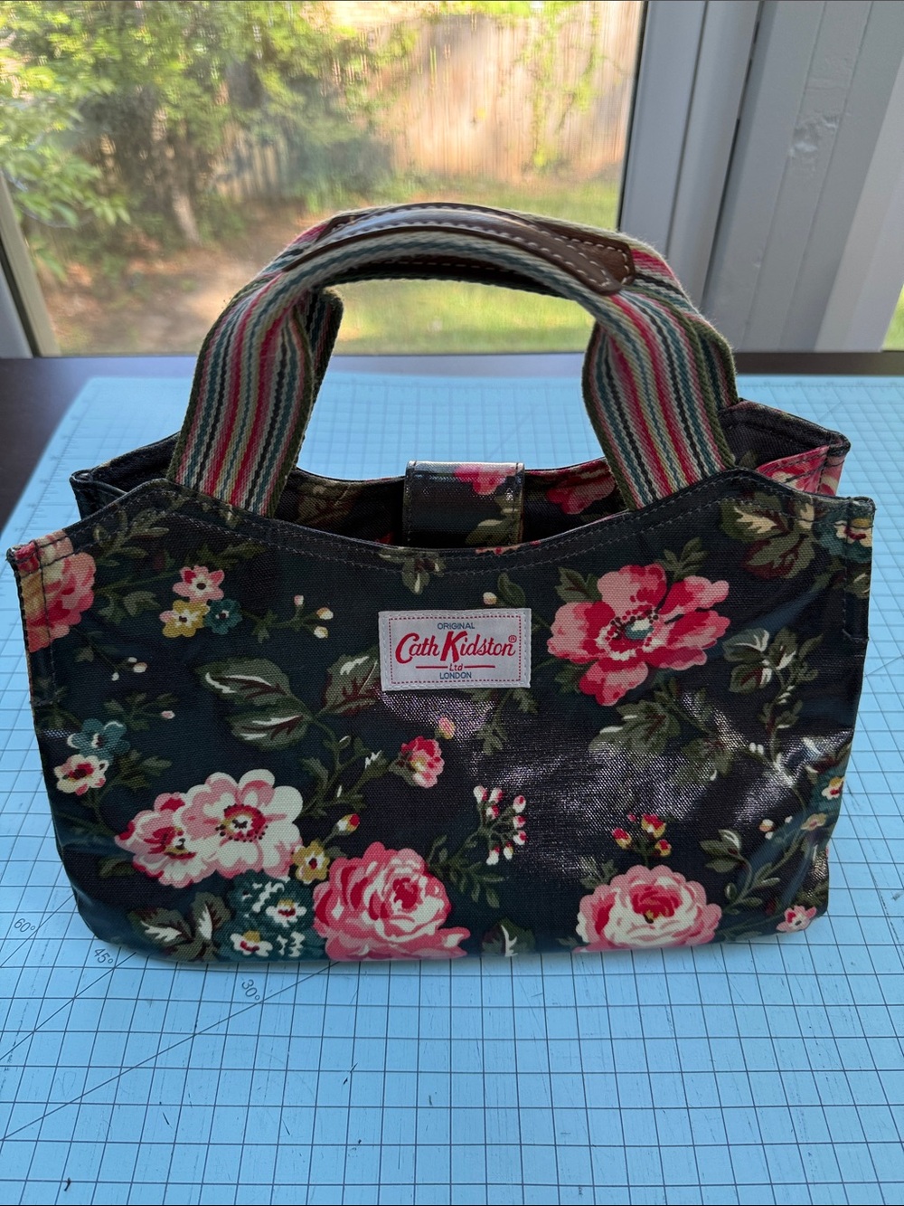 Cath Kidston Brown Floral Coated Oilcloth Canvas Mini Tote with Striped Handles